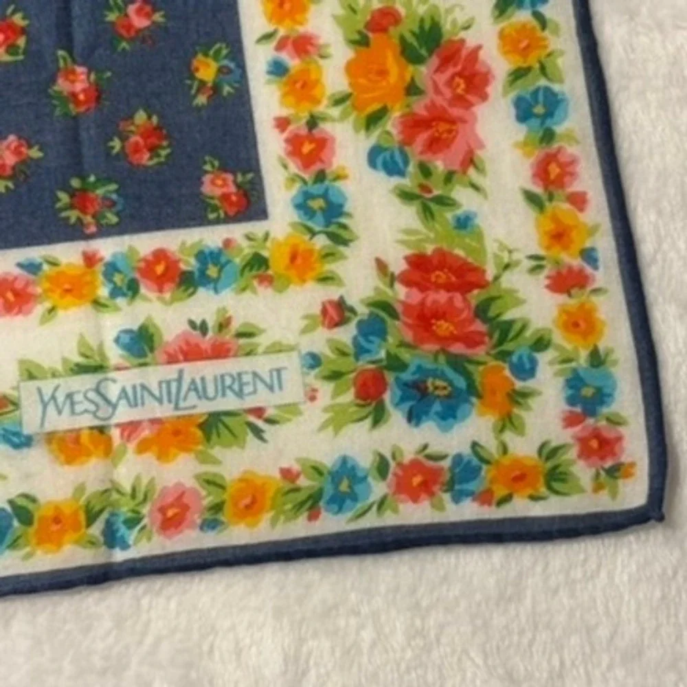 Vtg YVES SAINT LAURENT Scarf Handkerchief Floral Blue White 18